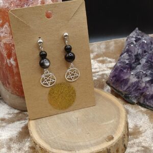 Oorbellen met (zilver)Obsidiaan kralen en Pentagram